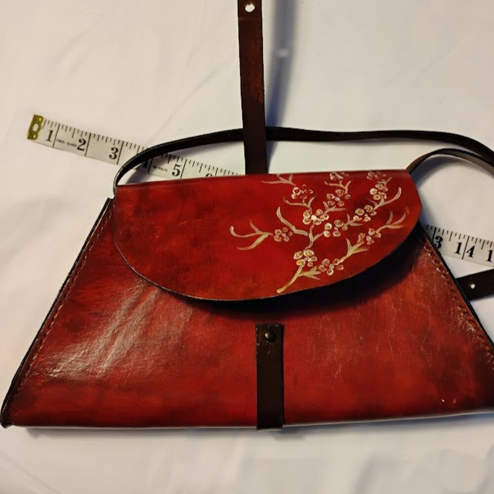 Vintage Style Hand Painted Leather Shoulder Bag Floral Brown Purse - Picture 5 of 7